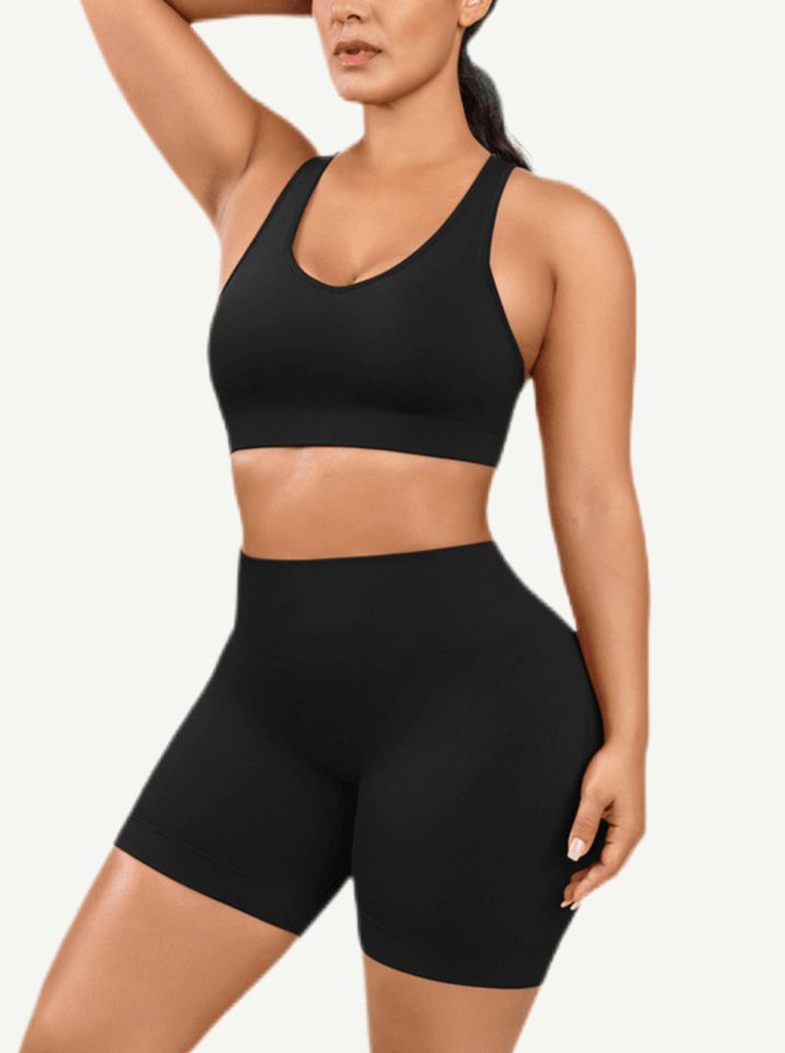 CurvedByOshun® 🌿Eco-friendly Sexy V Neck Seamless Sportswear Biker Shorts Set