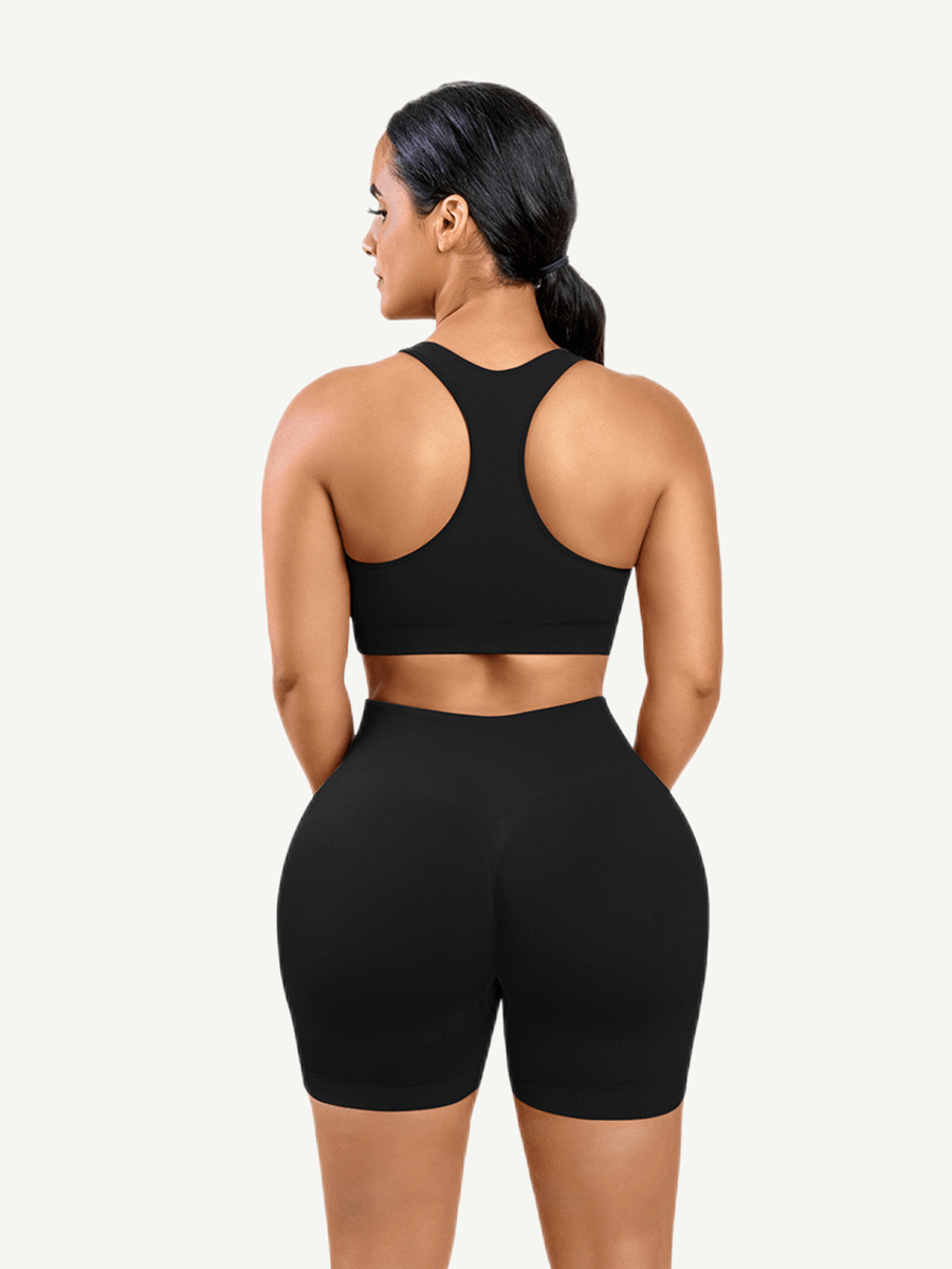 CurvedByOshun® 🌿Eco-friendly Sexy V Neck Seamless Sportswear Biker Shorts Set