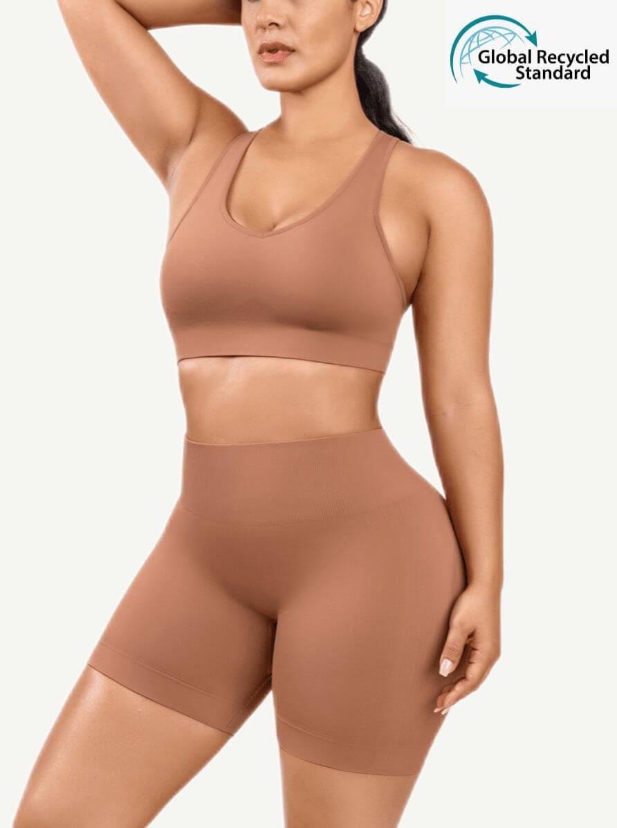 CurvedByOshun® 🌿Eco-friendly Sexy V Neck Seamless Sportswear Biker Shorts Set