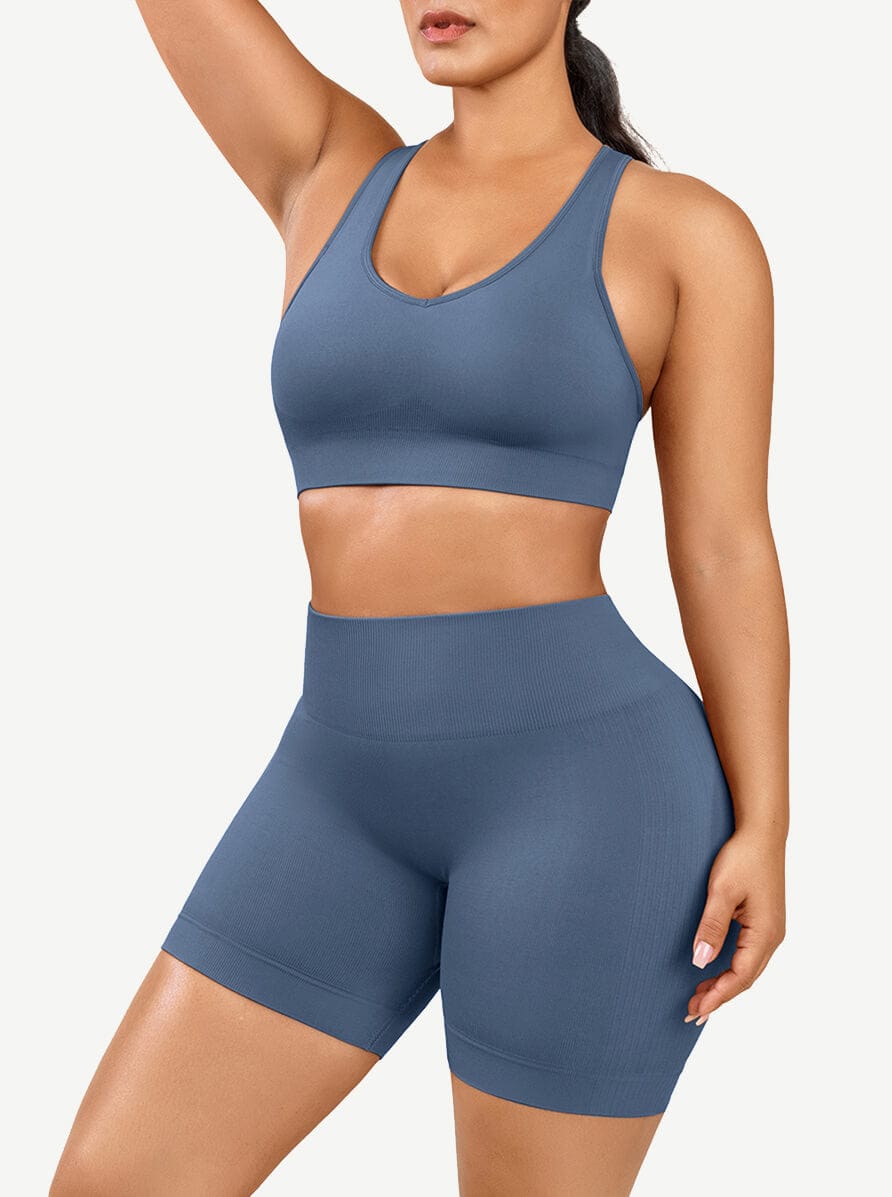 CurvedByOshun® 🌿Eco-friendly Sexy V Neck Seamless Sportswear Biker Shorts Set