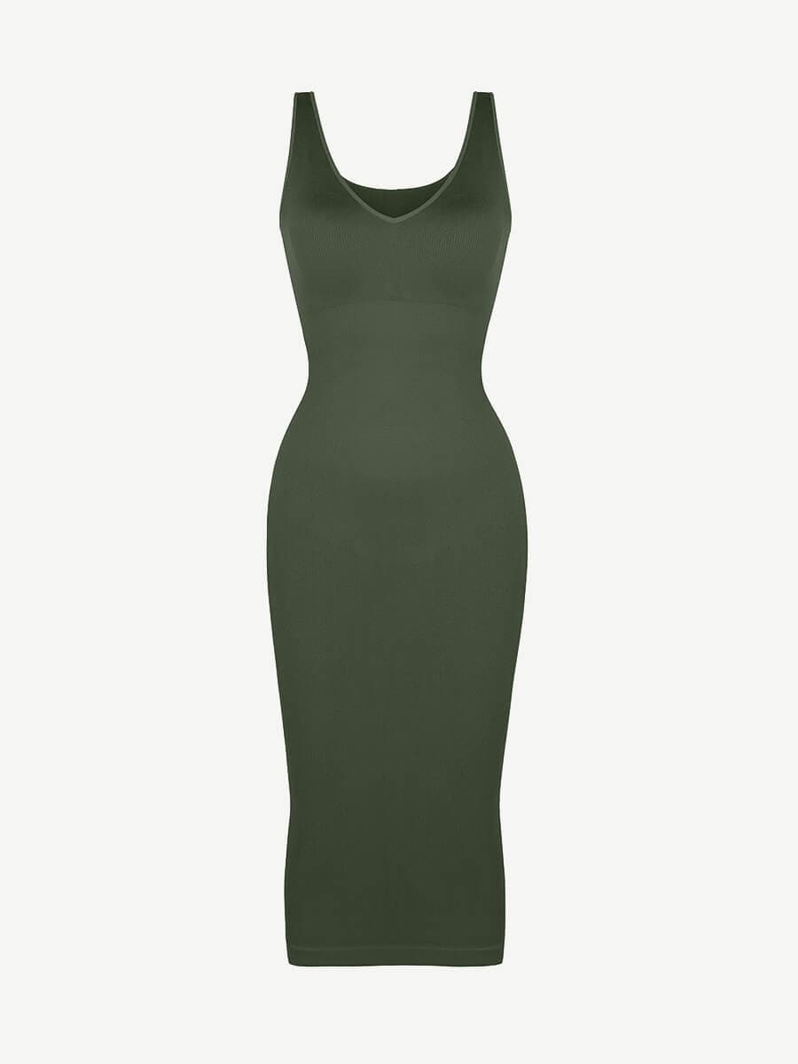 CurvedByOshun® 🌿 Eco-friendly Seamless Deep V-neck Waist Trimming Shaping Dress with Removable Pads