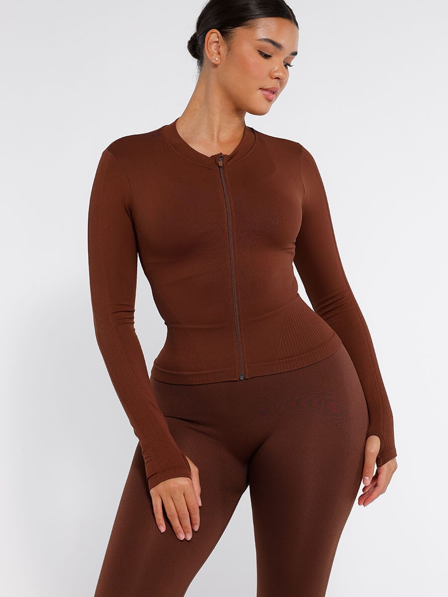 CurvedByOshun®  Seamless Full Zipper Running Top with Thumb Holes