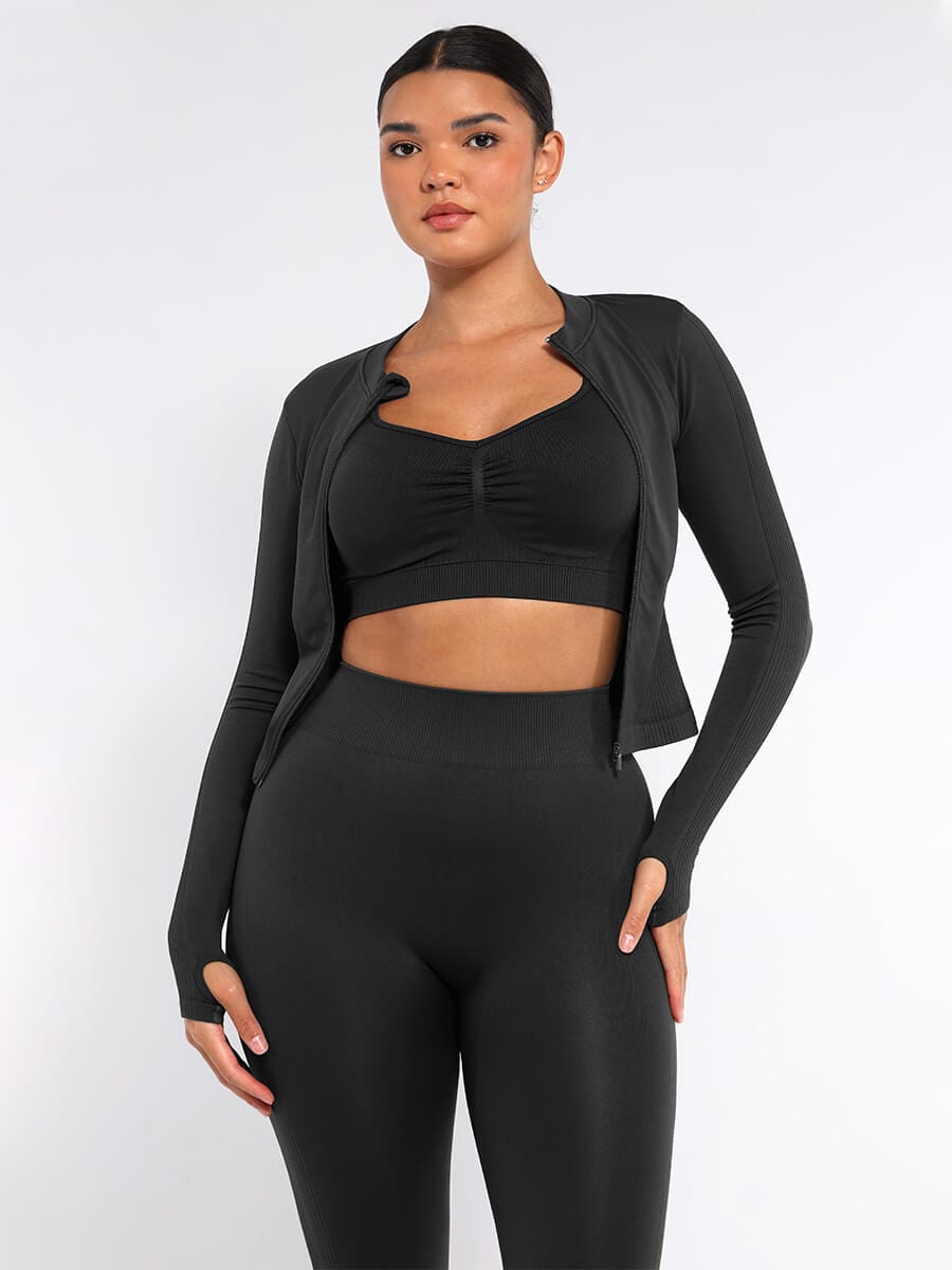 CurvedByOshun®  Seamless Full Zipper Running Top with Thumb Holes