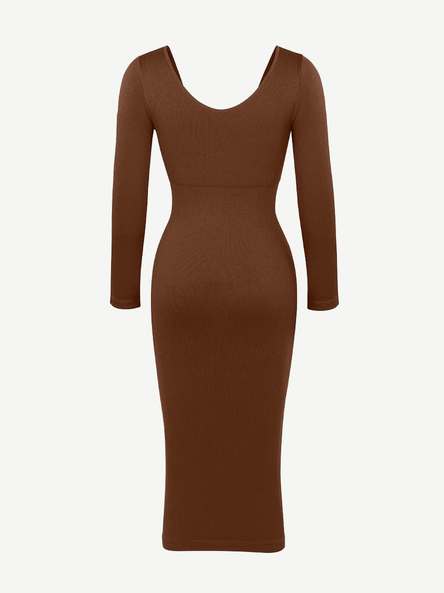 CurvedByOshun® 🌿 Eco-friendly Seamless V Neck Long Sleeve Waist Trimming Shaper Dress