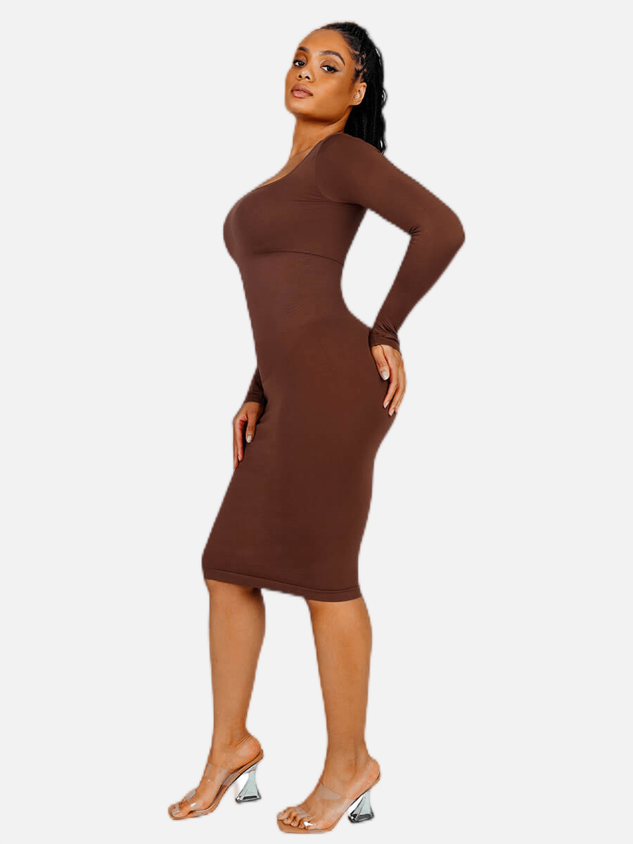 CurvedByOshun®🌿 Eco-friendly Seamless Square Neck Long Sleeve Shaper Dress