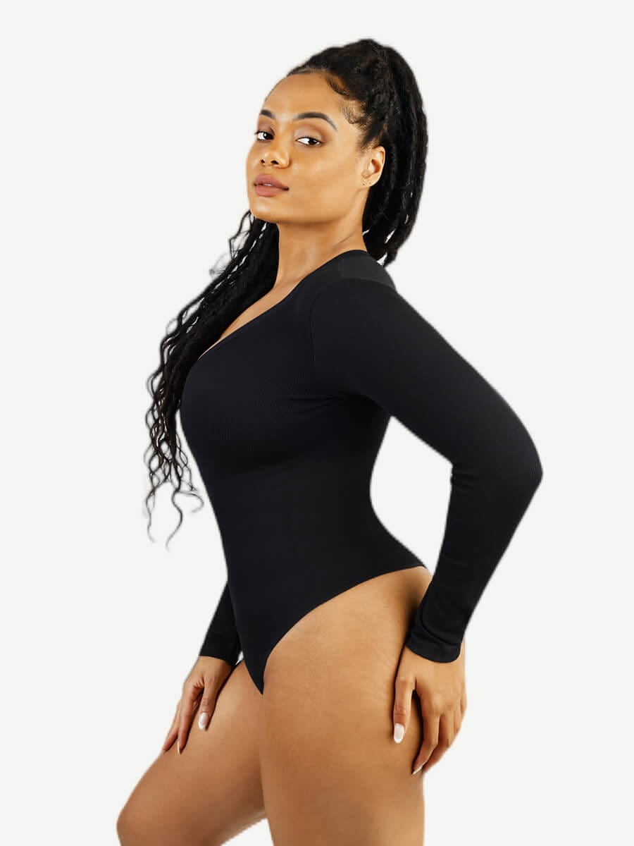 CurvedByOshun® Long Sleeved V-neck Waist Shaping Tummy Control Seamless Bodysuit