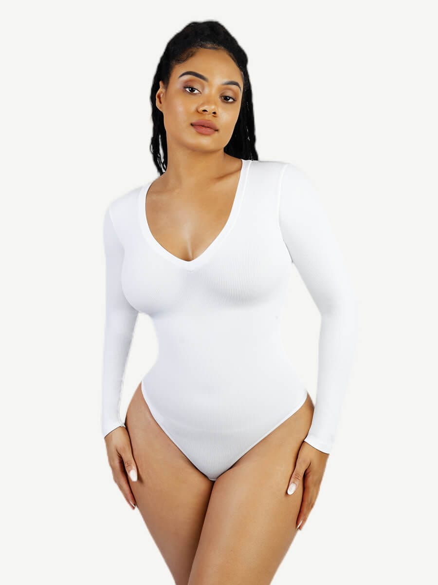 CurvedByOshun® Long Sleeved V-neck Waist Shaping Tummy Control Seamless Bodysuit