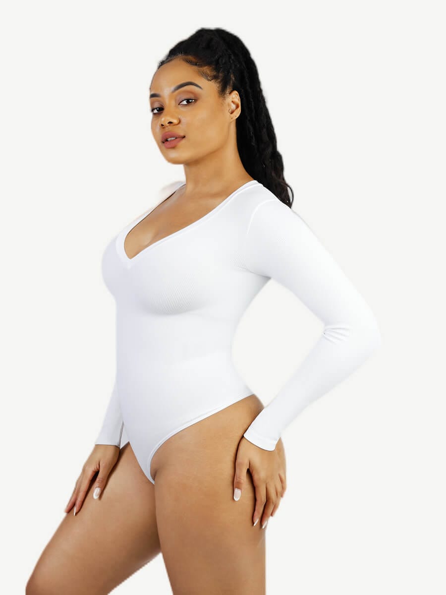 CurvedByOshun® Long Sleeved V-neck Waist Shaping Tummy Control Seamless Bodysuit