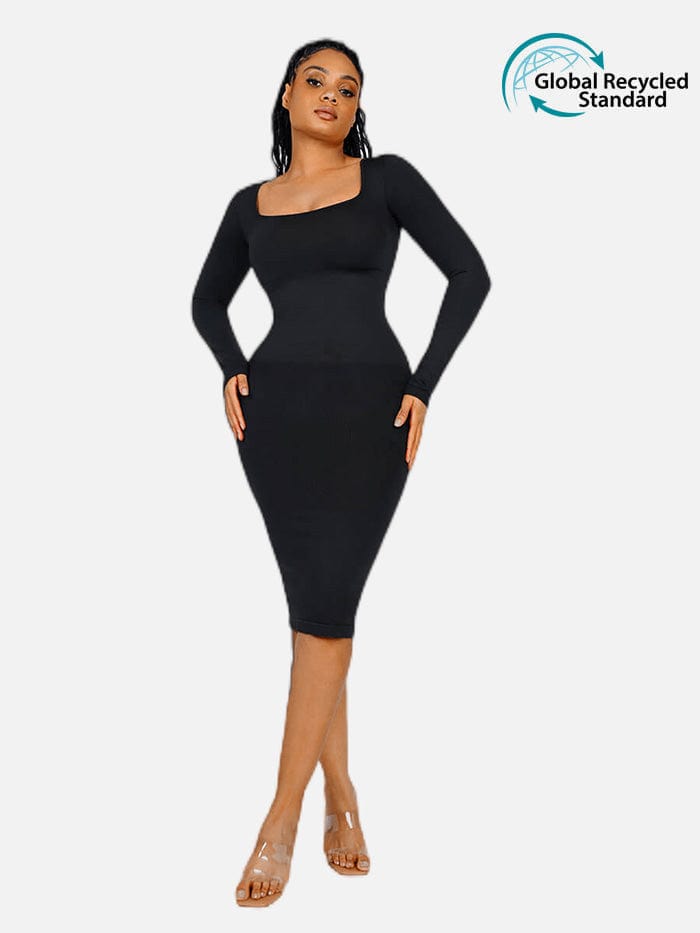 CurvedByOshun®🌿 Eco-friendly Seamless Square Neck Long Sleeve Shaper Dress