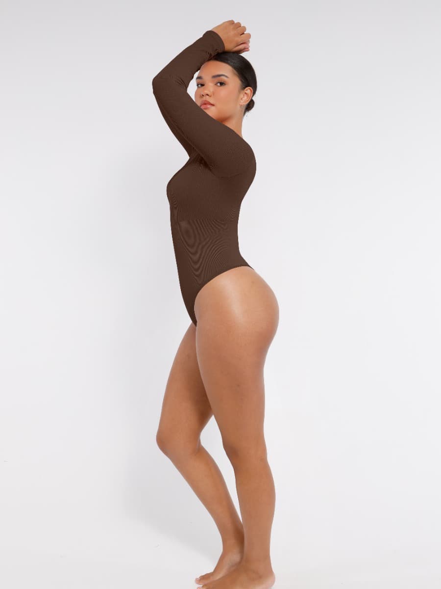 CurvedByOshun® Long Sleeved V-neck Waist Shaping Tummy Control Seamless Bodysuit