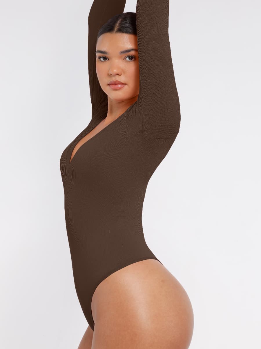 CurvedByOshun® Long Sleeved V-neck Waist Shaping Tummy Control Seamless Bodysuit