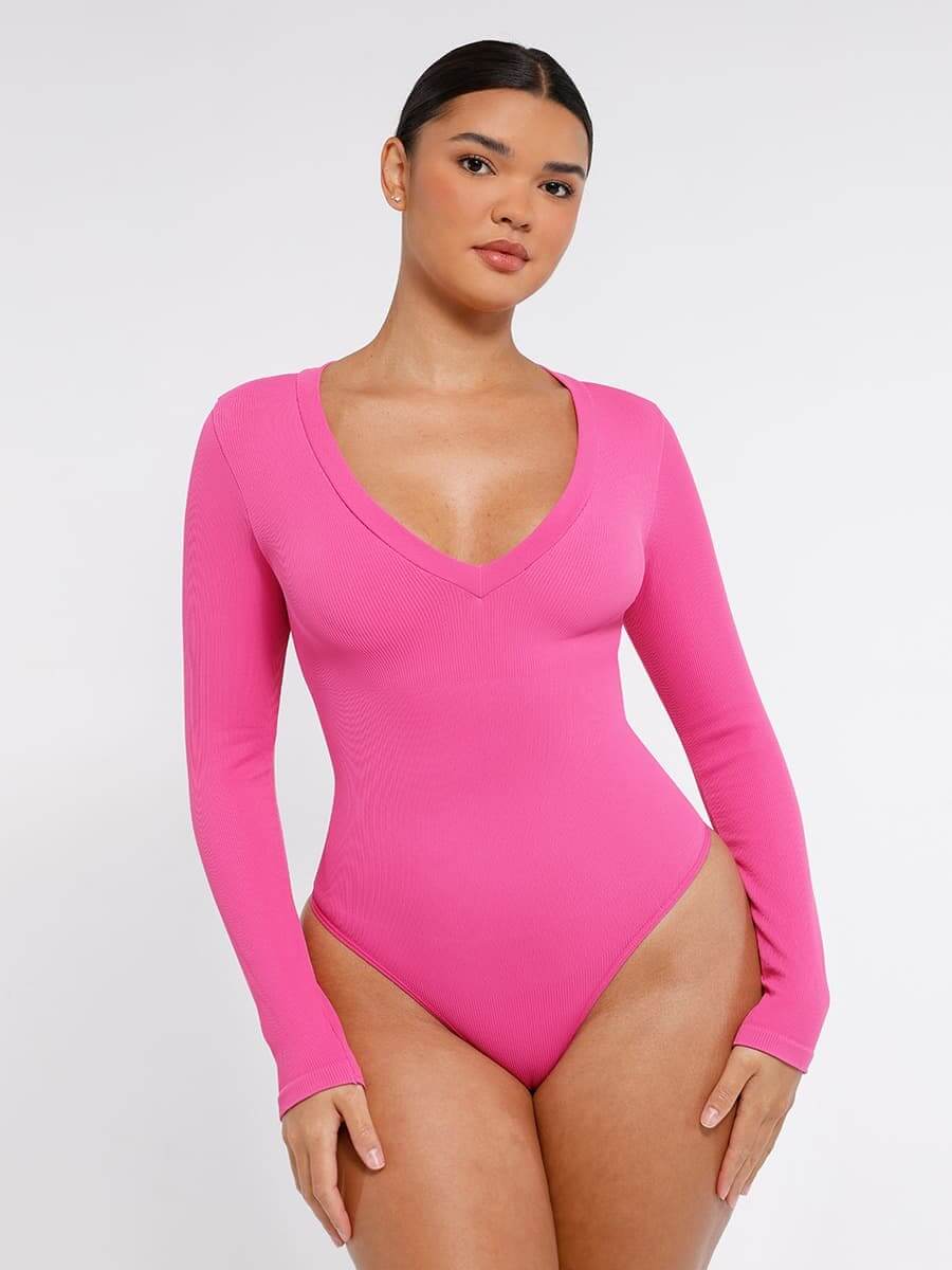 CurvedByOshun® Long Sleeved V-neck Waist Shaping Tummy Control Seamless Bodysuit