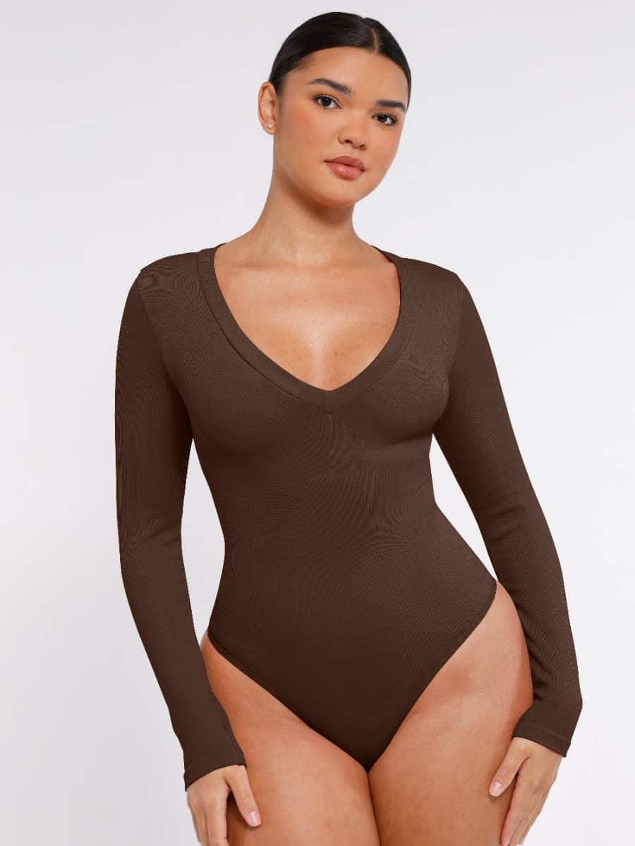 CurvedByOshun® Long Sleeved V-neck Waist Shaping Tummy Control Seamless Bodysuit