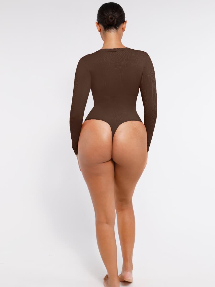 CurvedByOshun® Long Sleeved V-neck Waist Shaping Tummy Control Seamless Bodysuit