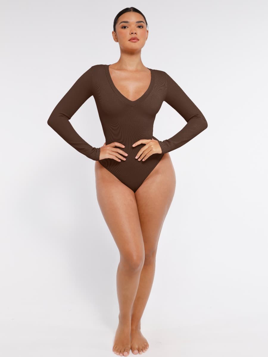 CurvedByOshun® Long Sleeved V-neck Waist Shaping Tummy Control Seamless Bodysuit