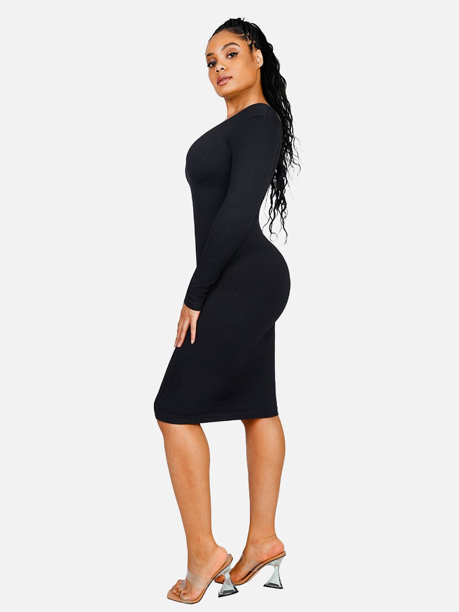 CurvedByOshun® 🌿 Eco-friendly Seamless V Neck Long Sleeve Waist Trimming Shaper Dress