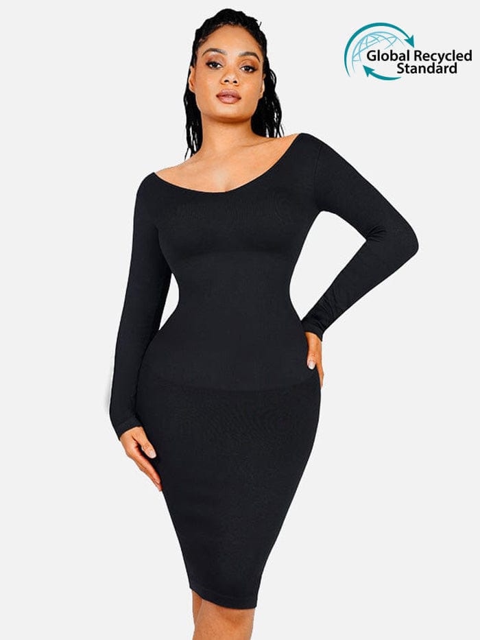 CurvedByOshun® 🌿 Eco-friendly Seamless V Neck Long Sleeve Waist Trimming Shaper Dress