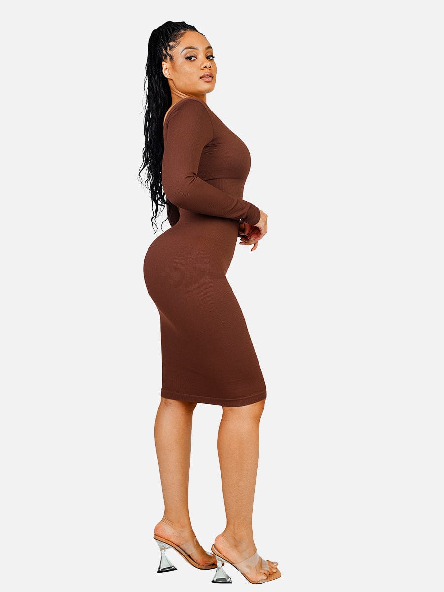 CurvedByOshun® 🌿 Eco-friendly Seamless V Neck Long Sleeve Waist Trimming Shaper Dress