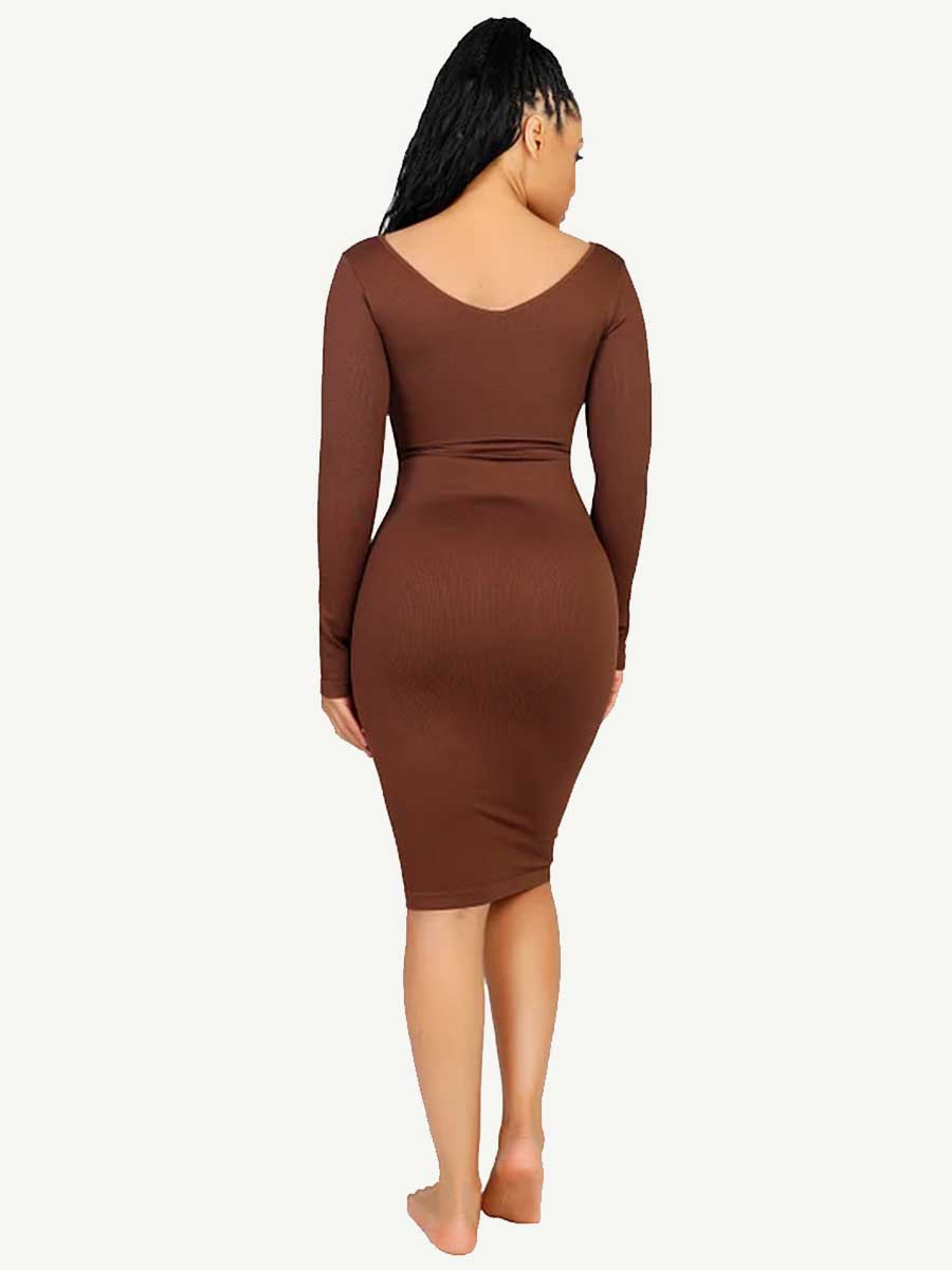 CurvedByOshun® 🌿 Eco-friendly Seamless V Neck Long Sleeve Waist Trimming Shaper Dress