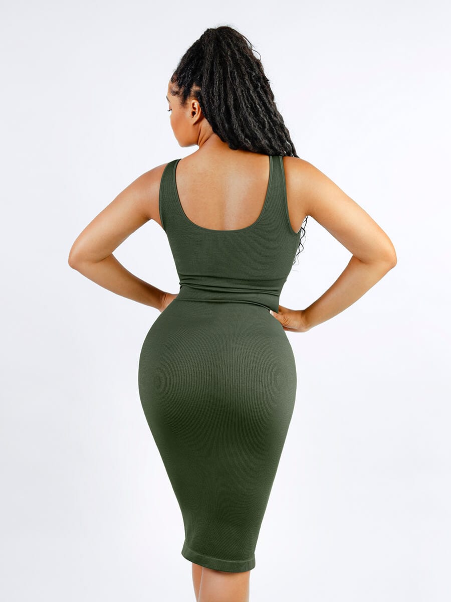 CurvedByOshun® 🌿 Eco-friendly Seamless Deep V-neck Waist Trimming Shaping Dress with Removable Pads