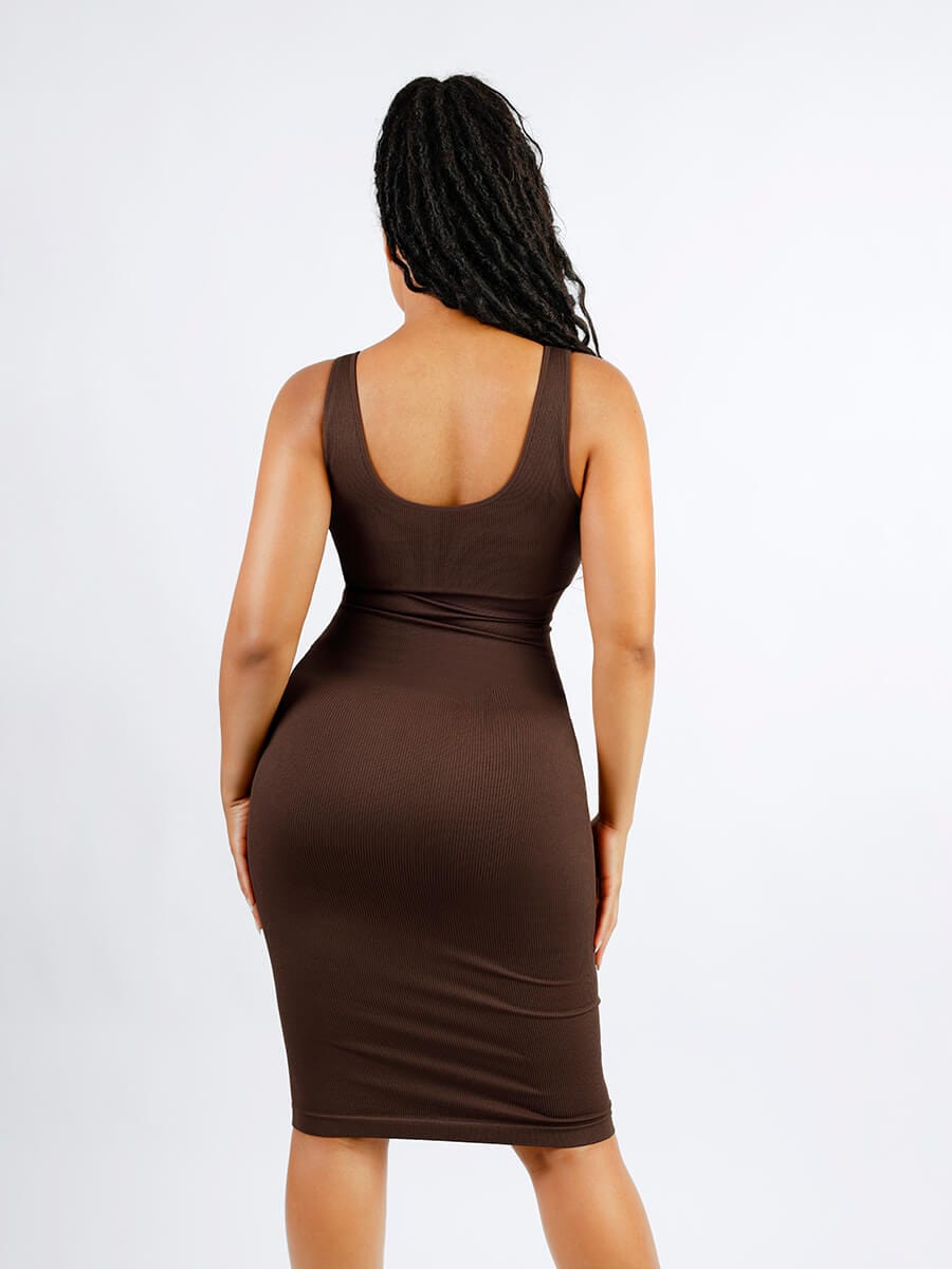 CurvedByOshun® 🌿 Eco-friendly Seamless Deep V-neck Waist Trimming Shaping Dress with Removable Pads