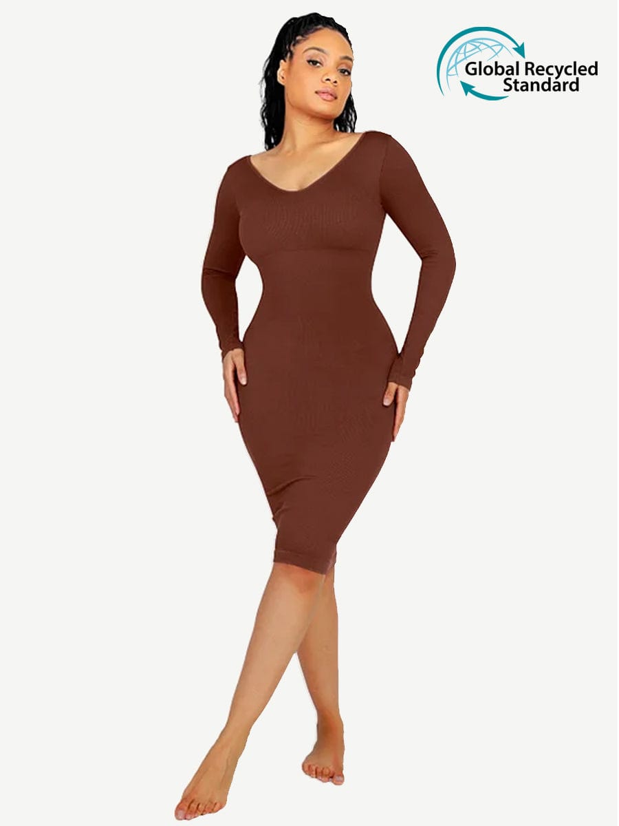 CurvedByOshun® 🌿 Eco-friendly Seamless V Neck Long Sleeve Waist Trimming Shaper Dress