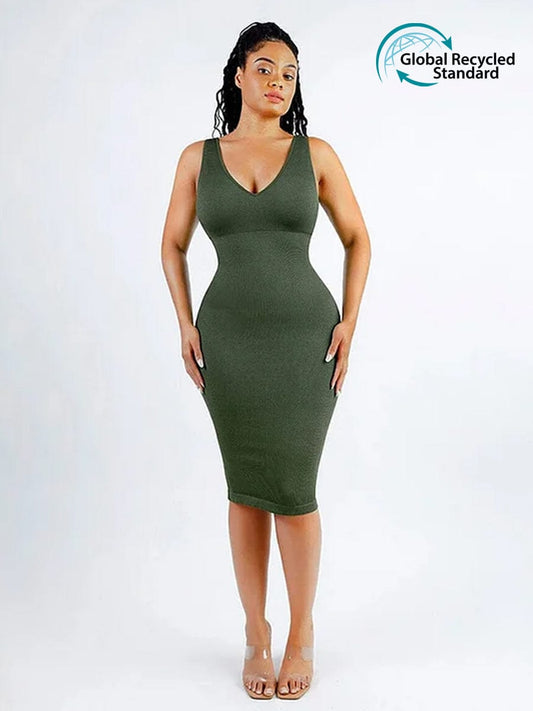 CurvedByOshun® 🌿 Eco-friendly Seamless Deep V-neck Waist Trimming Shaping Dress with Removable Pads